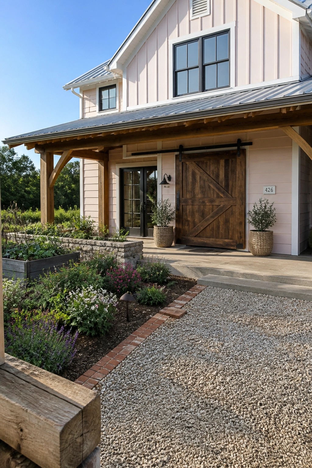 A blush pink house exterior with white trim, a wooden porch overhang, a large sliding barn door, and a gravel path bordered by garden beds.