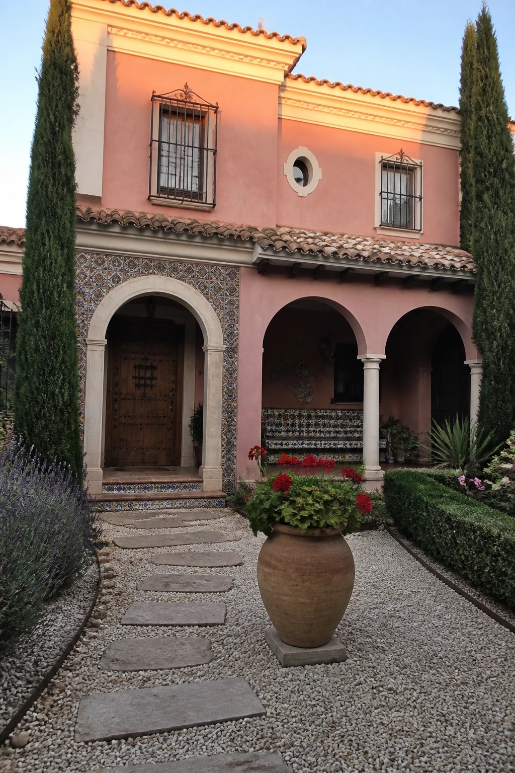 A two-story house with blush pink stucco walls, warm white trim, arched entry, tiled accents, and a gravel path with a large terracotta pot.
