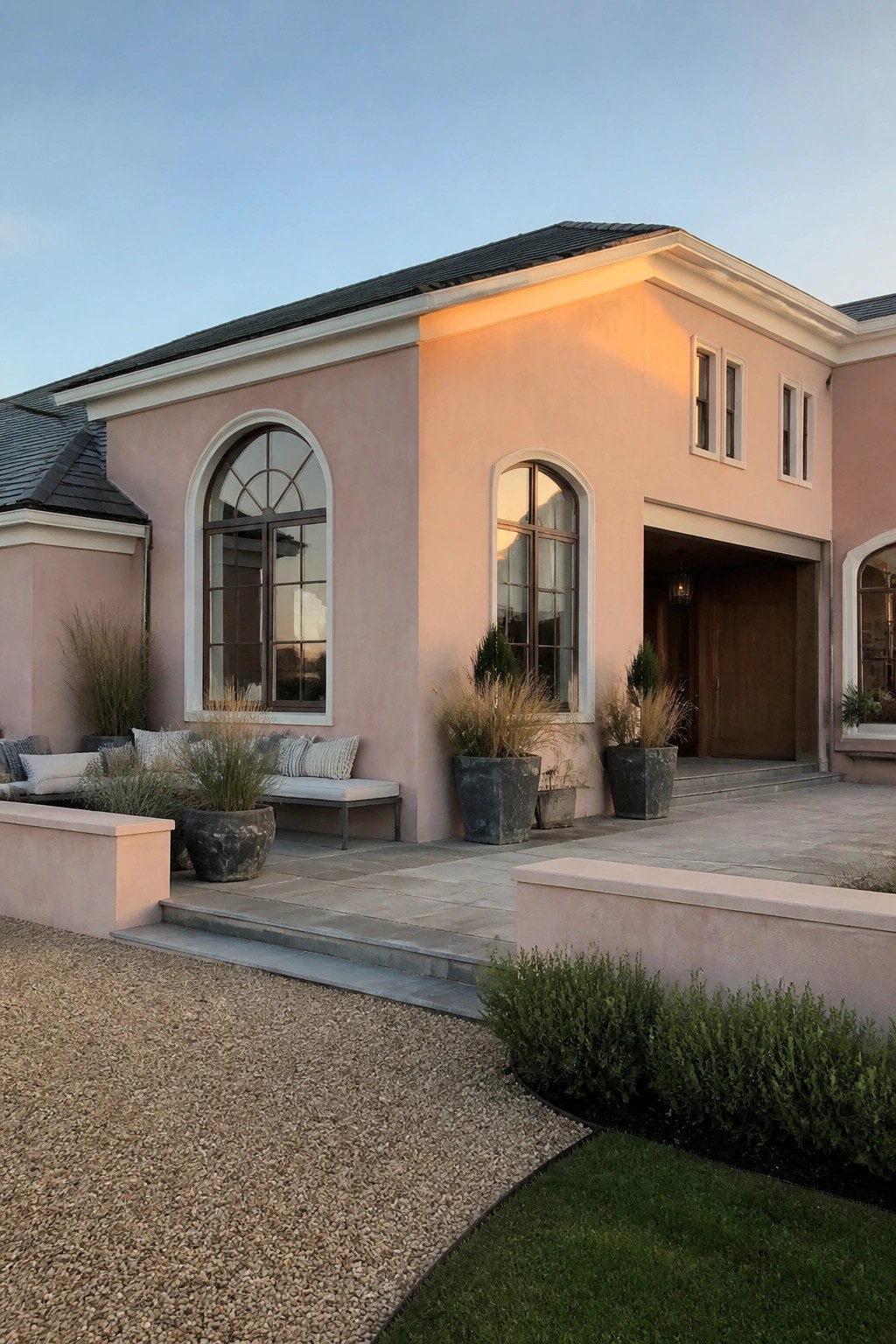 A blush pink stucco house exterior with white trim around arched windows, a wooden front door, stone steps, and potted plants along the patio.