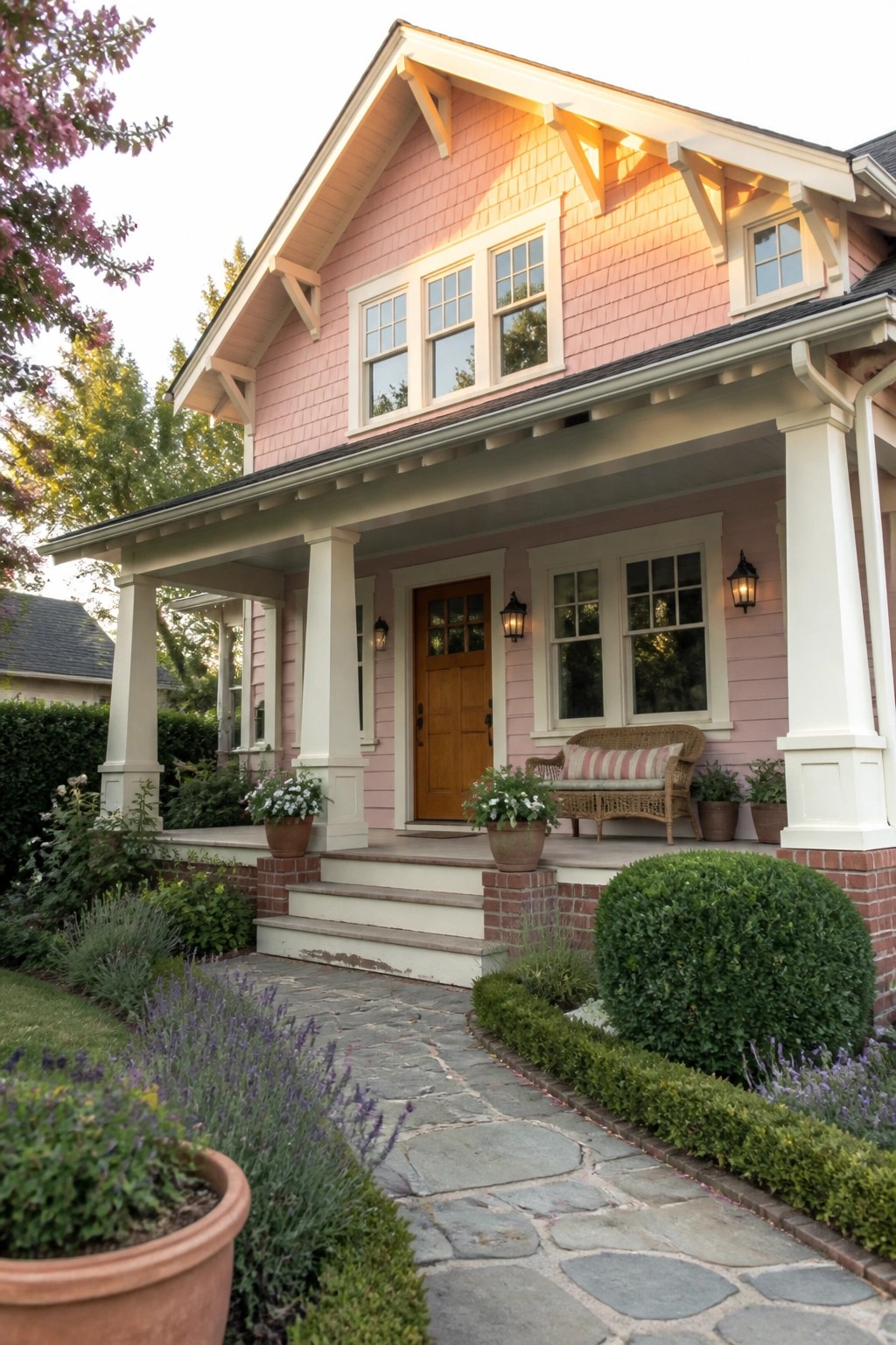 A two-story pink house with white trim, a front porch with columns, wooden door, and stone pathway in a landscaped garden.