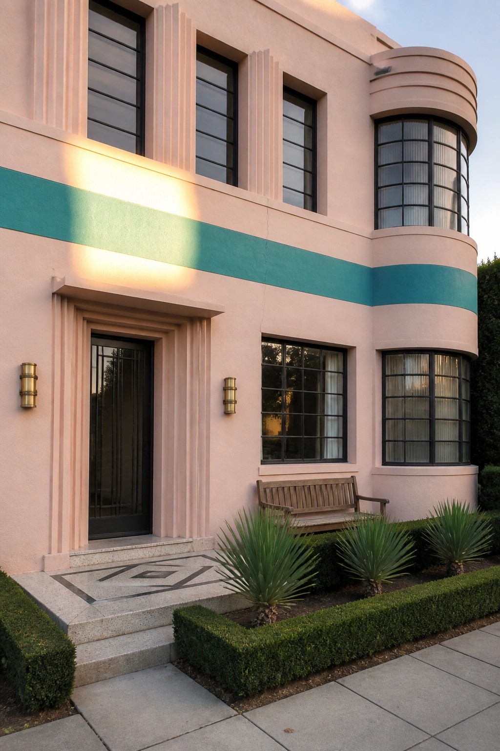 A two-story pink stucco house with a wide teal horizontal stripe, black-framed windows, a dark door, and curved corner section at dusk.