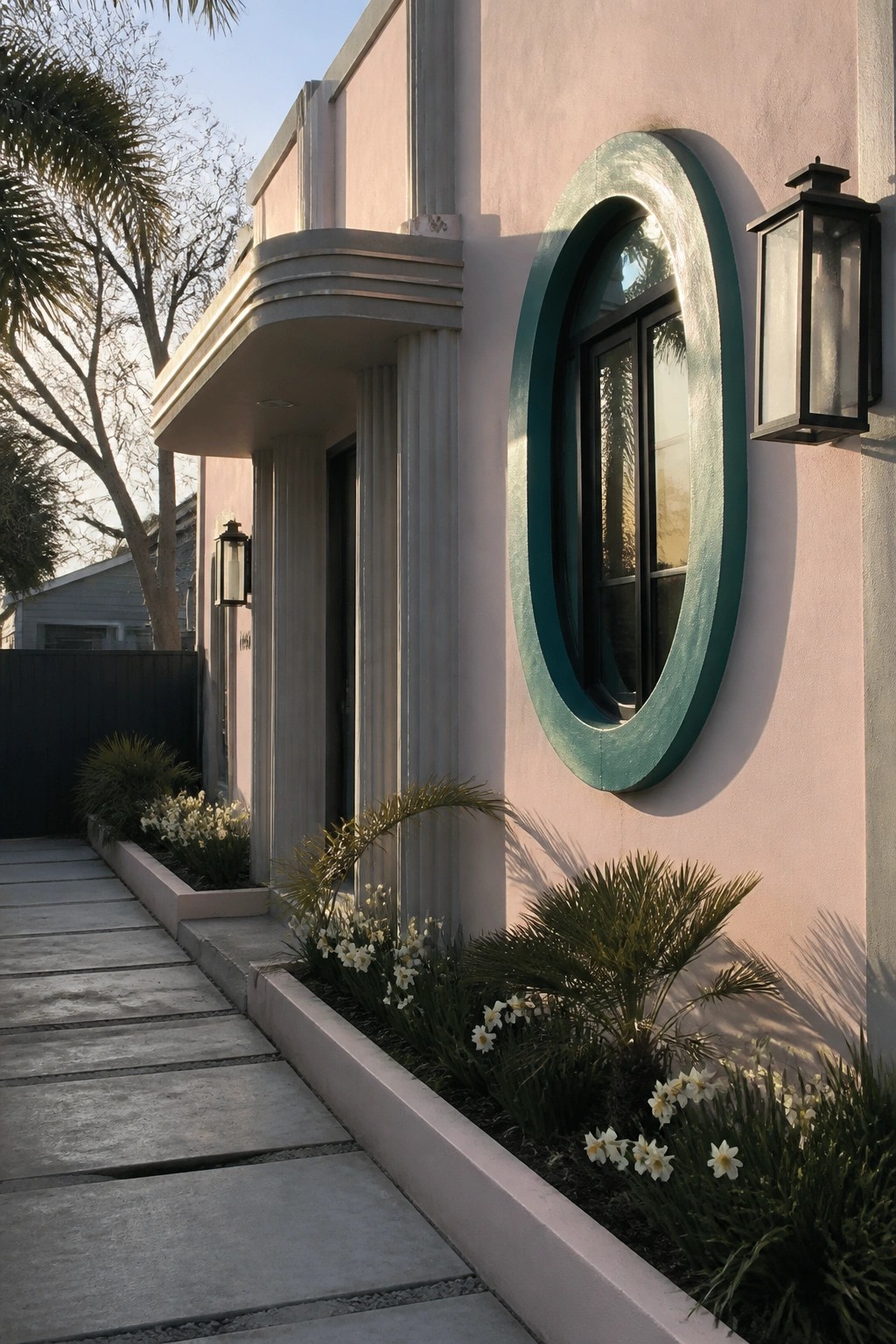 Pink building with teal oval window, columns, and flower-lined concrete walkway.