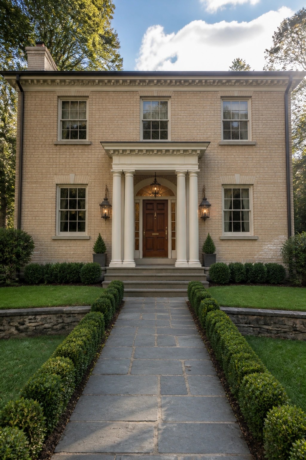 Front view of a two-story beige brick house with a central white columned portico over a wooden door, symmetrical windows, and a stone pathway lined with shrubs.