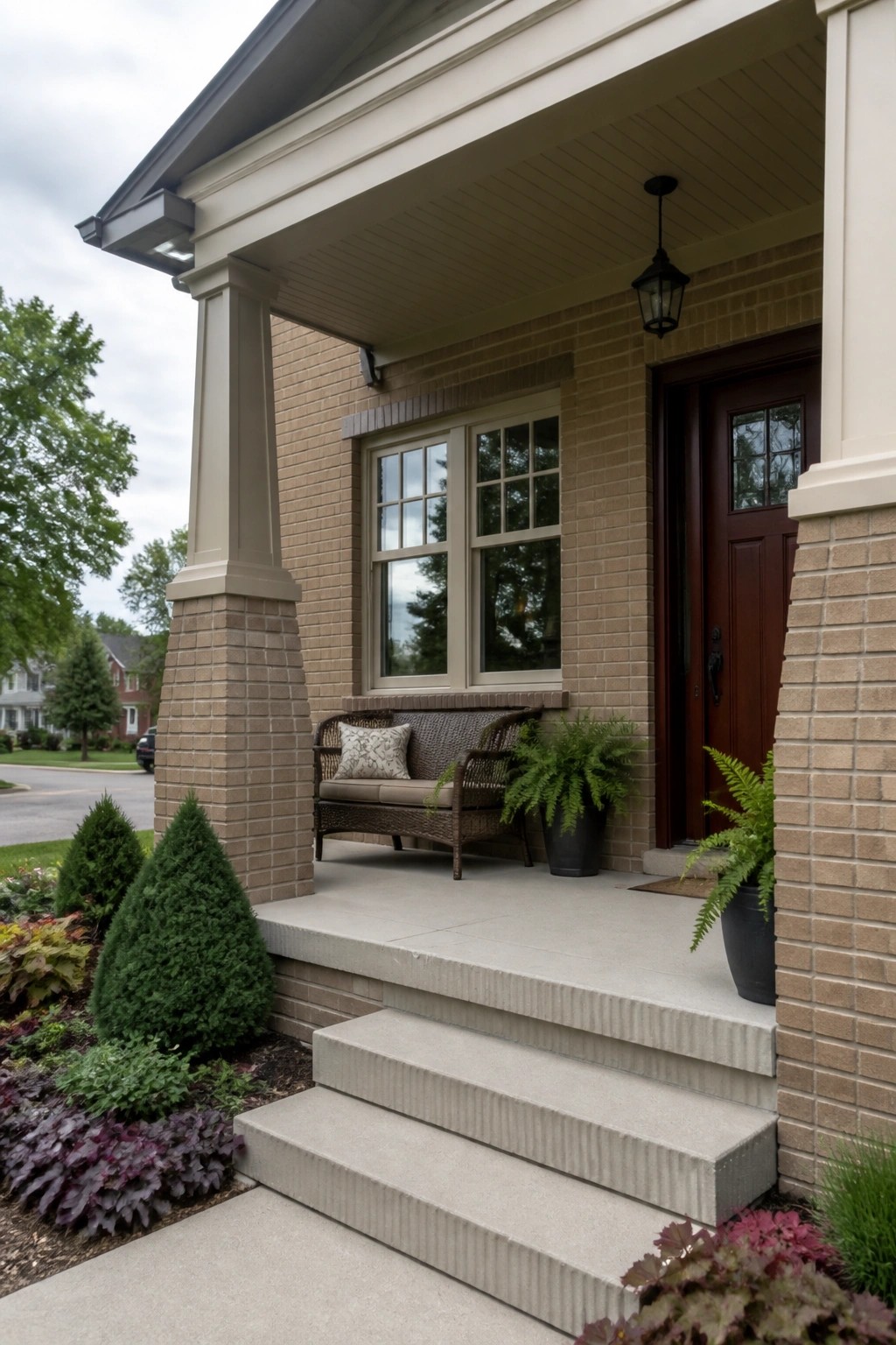 Concrete steps to brick porch with wicker bench, ferns, and brown door