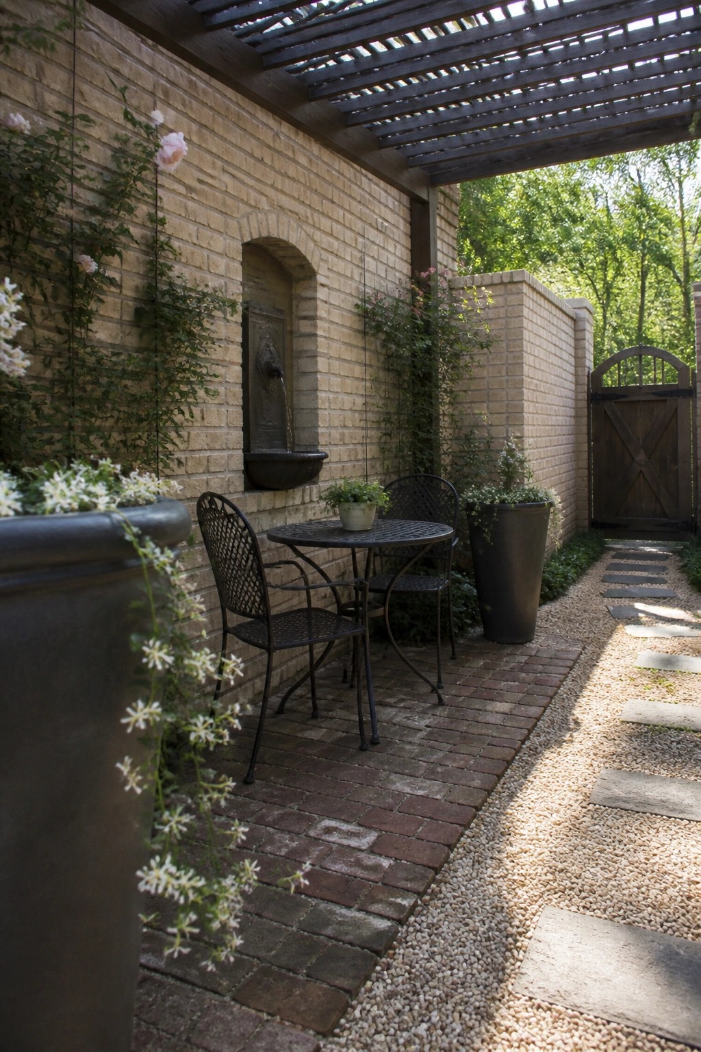 Brick patio with wall fountain, metal table and chairs, climbing roses, and gravel path.