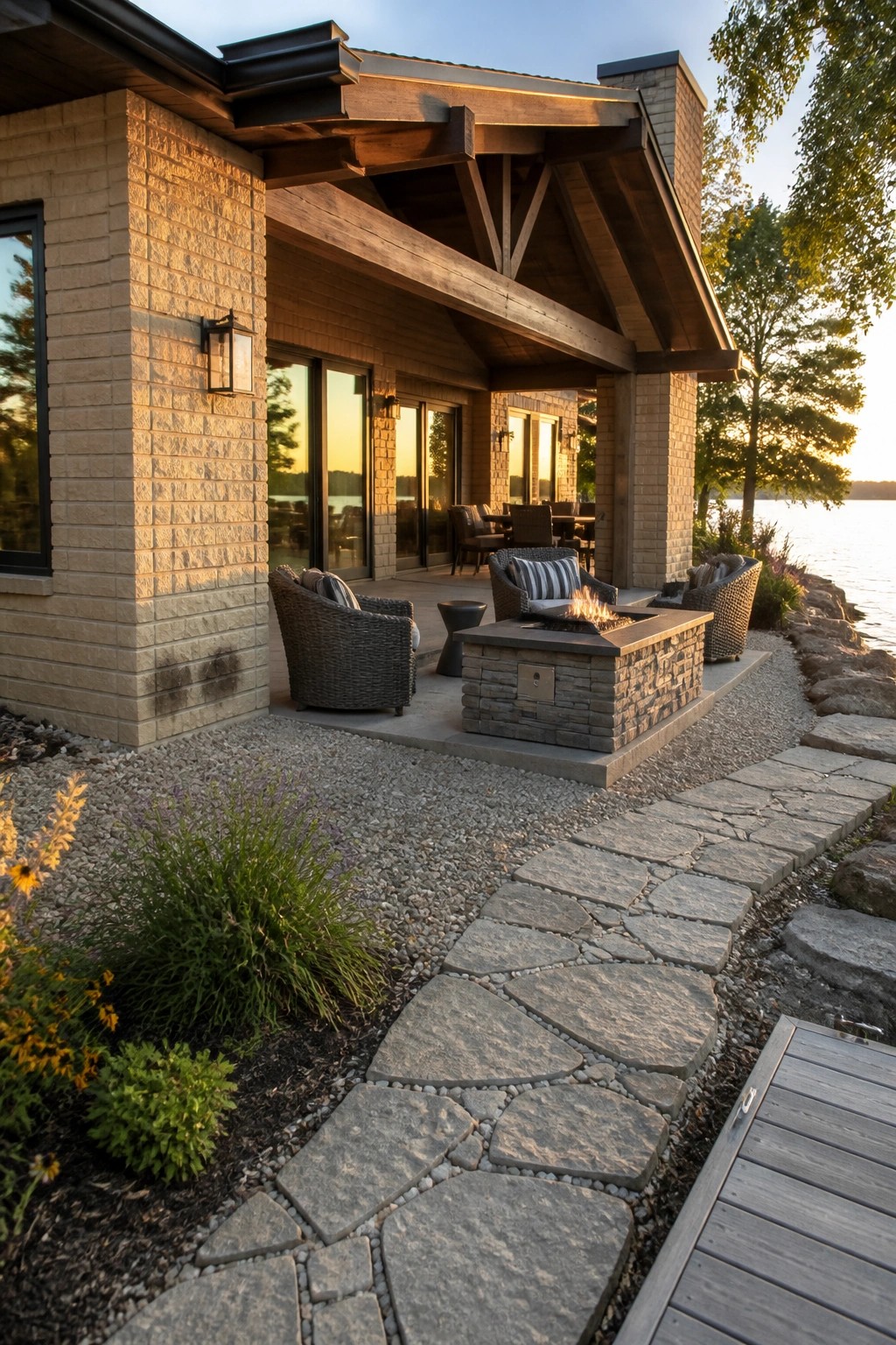 A beige brick house exterior with a stone fire pit on a raised patio, wicker chairs around it, and a stone pathway leading toward the water.