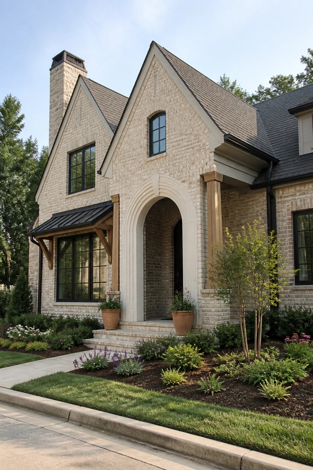 Elegant light-brick home with arched entry, steep roof, and lush garden.