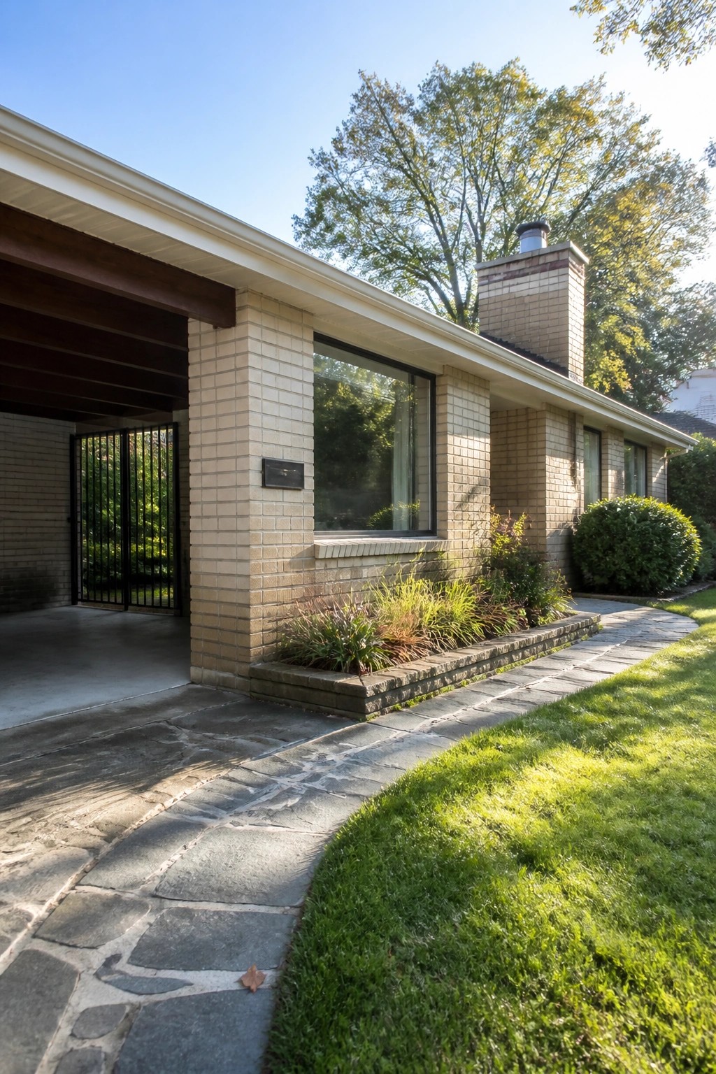 A beige brick house exterior with a wide roof overhang, dark wood support beams over a carport, a tall brick chimney, and a stone walkway curving along the front.