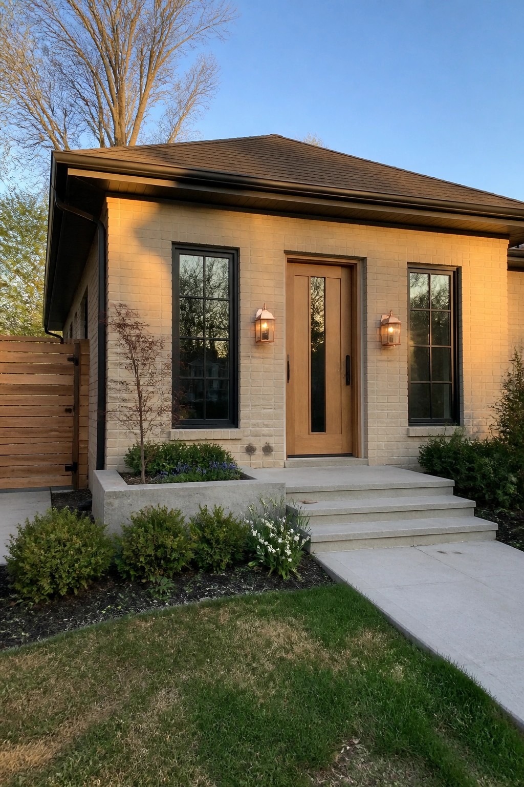 Modern brick house with wooden door, black windows, concrete steps, and landscaped front yard.