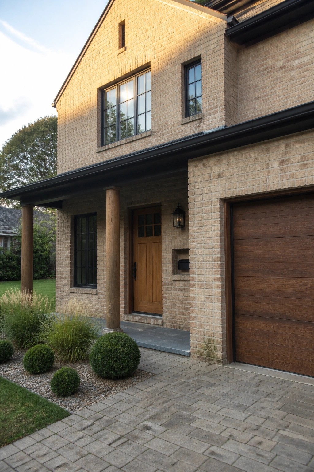Brick house with wooden door and garage, porch columns, landscaped pavers.