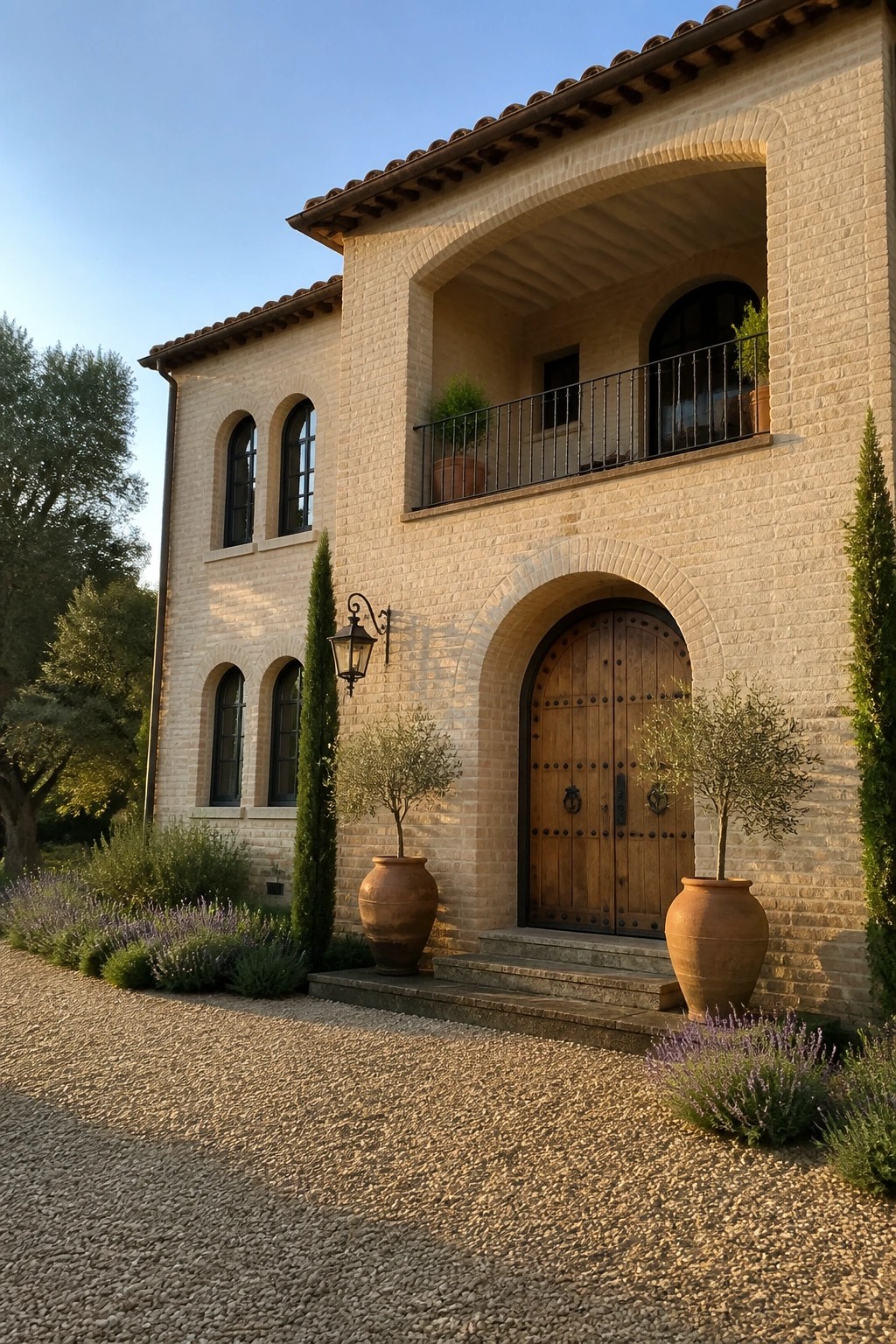 Beige brick villa with arched wooden doors, potted olive trees, and lavender along gravel path.