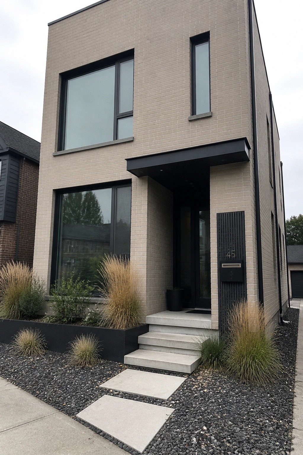 A two-story modern house with beige brick walls, black-framed windows, a black entry canopy, concrete steps, and a vertical black panel beside the door.
