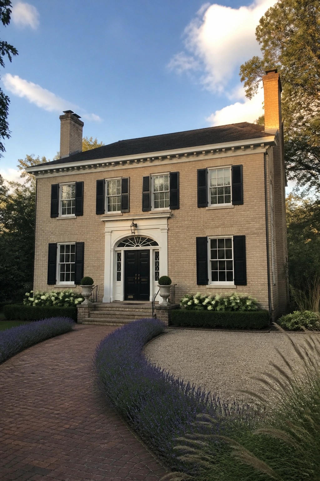 Two-story brick colonial house with black shutters, arched entry, and lavender gardens