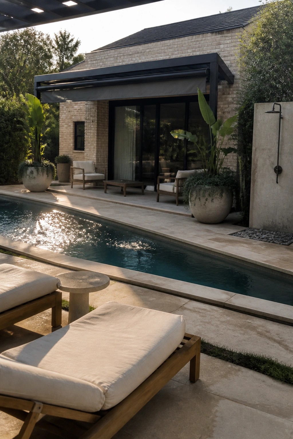 A rectangular swimming pool runs alongside a beige brick house, with wooden lounge chairs on a stone patio and several large potted plants placed near the glass doors.