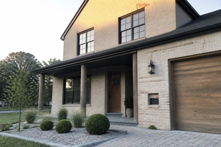 Brick house with wooden door and garage, porch columns, landscaped pavers.
