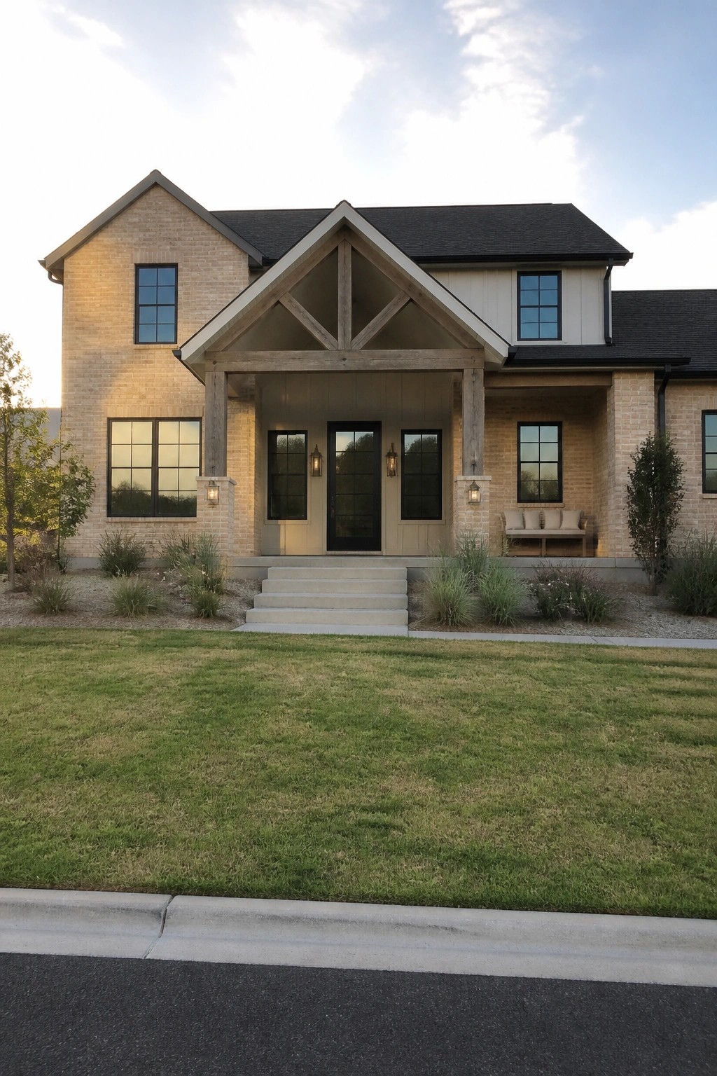 A two-story beige brick house with a central wooden gable entry, black front door, and concrete steps leading to a small porch with a bench.