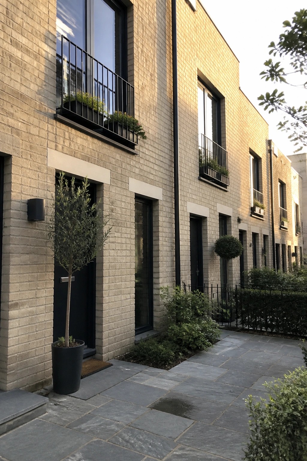 A row of light beige brick homes with black-framed windows, doors, and small balconies, viewed from a paved courtyard with potted plants and shrubs in front.