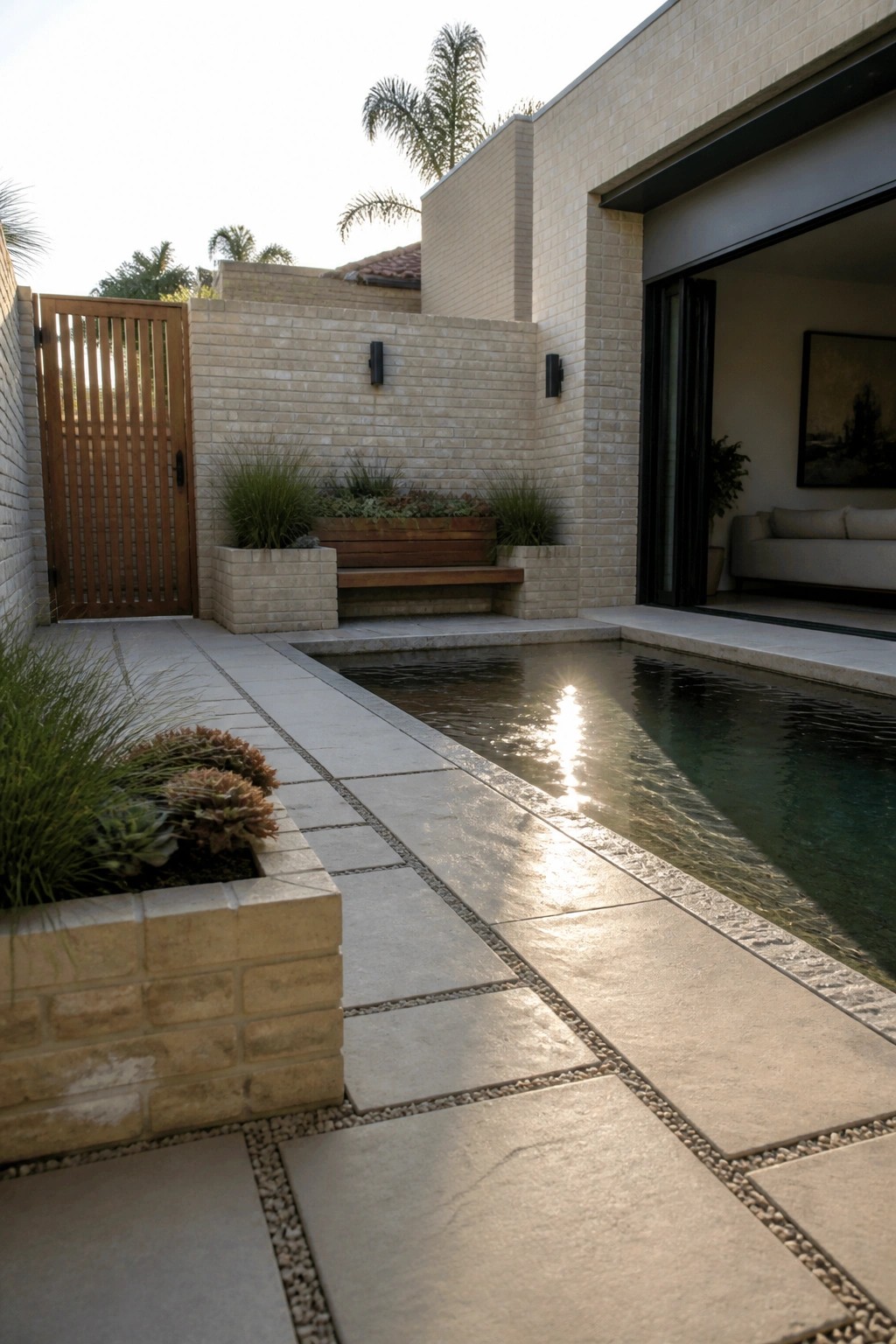A backyard pool area bordered by large light stone pavers with pebble strips, beige brick walls, a wooden gate on the left, and an open glass door on the right showing part of an indoor room.