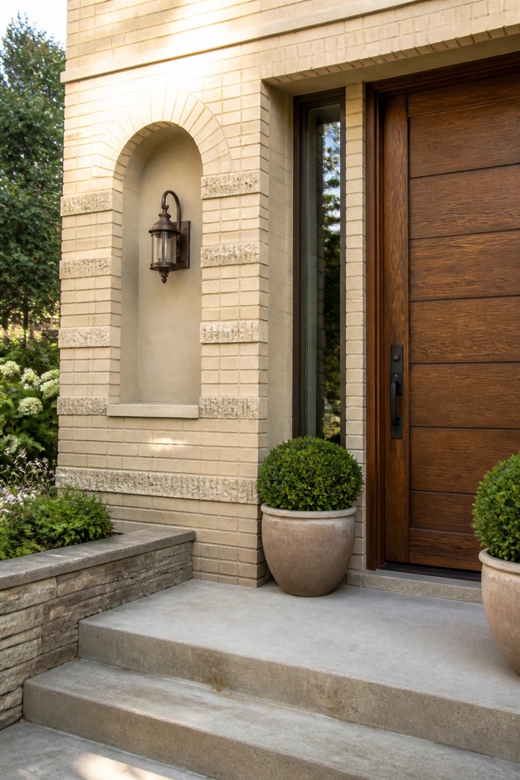 Beige brick house front entrance with arched niche holding a wall lantern, dark wood door, concrete steps, and two large potted shrubs.