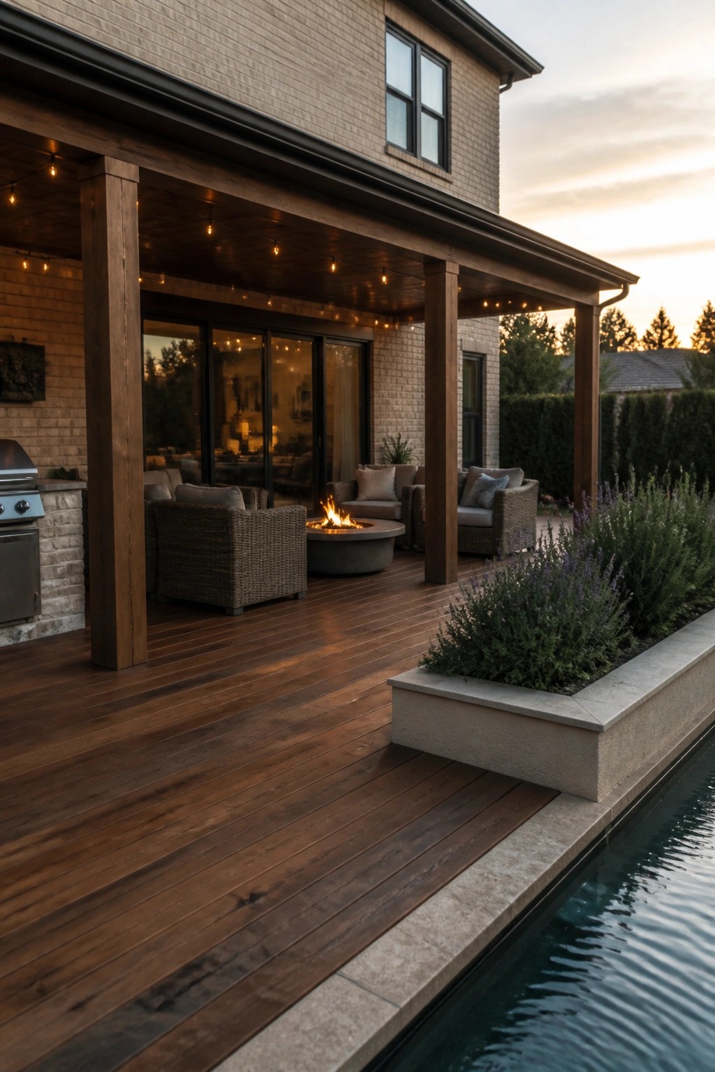 Modern wooden patio with fire pit, string lights, wicker seating, and pool at dusk