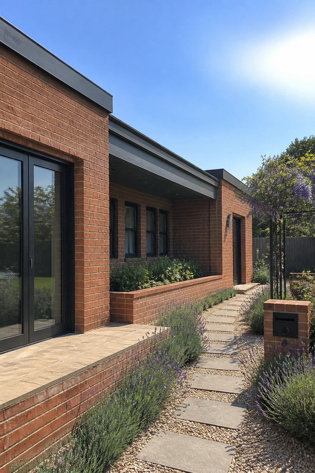 Modern red brick house with black windows, stone path, and blooming lavender garden.