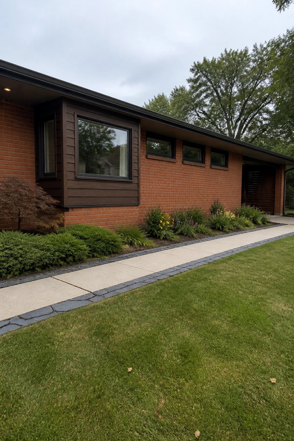 A red brick ranch house exterior with dark wood siding accents around windows and a concrete walkway along the front.