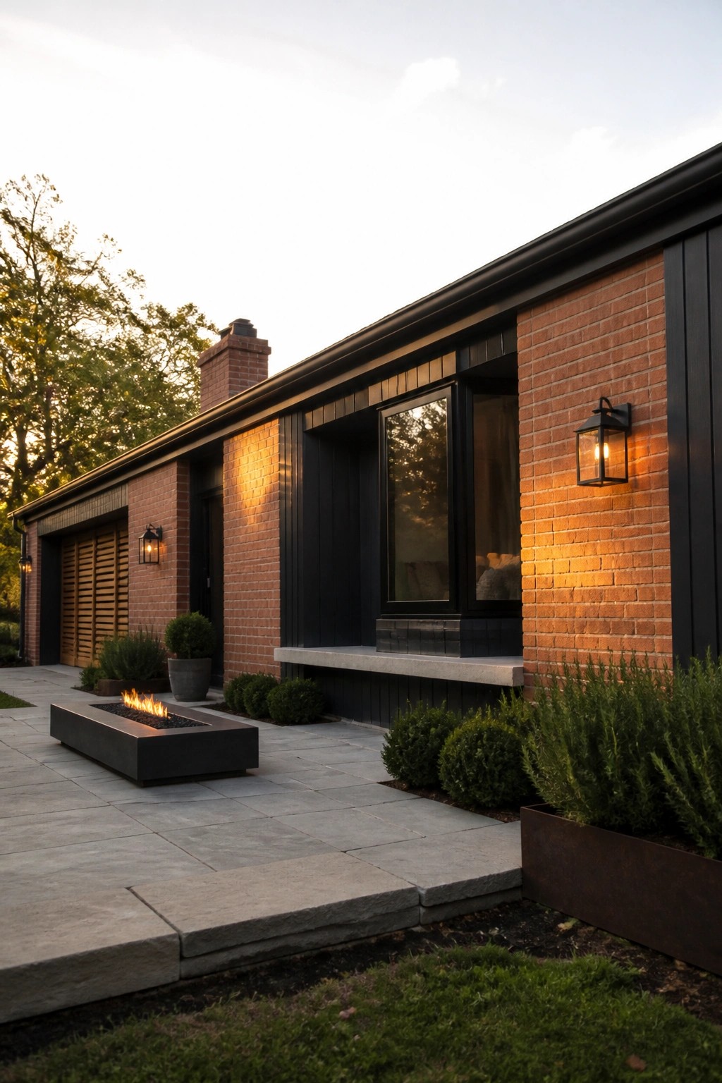 Red brick ranch exterior with dark vertical siding panels, black window frames, and a concrete bench along the front wall.