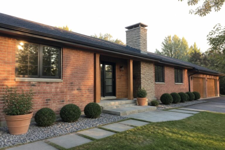 15 Polished Red Brick Ranch Exteriors That Break Up Long Facades Modern brick house with covered porch, wooden doors, stone chimney, and landscaped driveway at sunset.