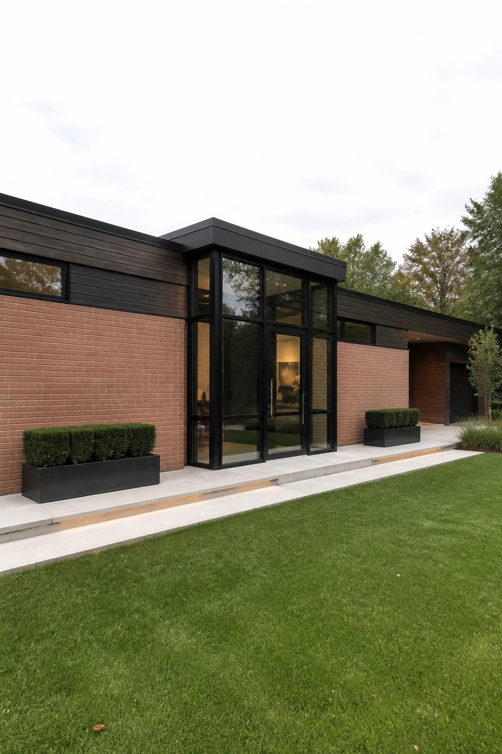 A modern ranch home exterior featuring red brick walls, dark wood siding sections, black-framed glass entry doors, and rectangular planters with shrubs along a concrete walkway.