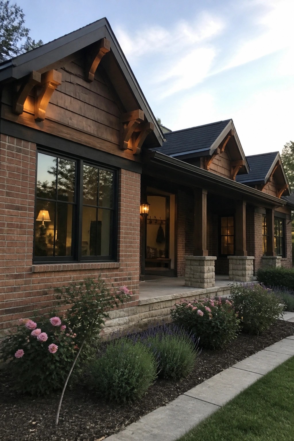 Brick house with wooden gables, stone porch pillars, lit windows and pink roses