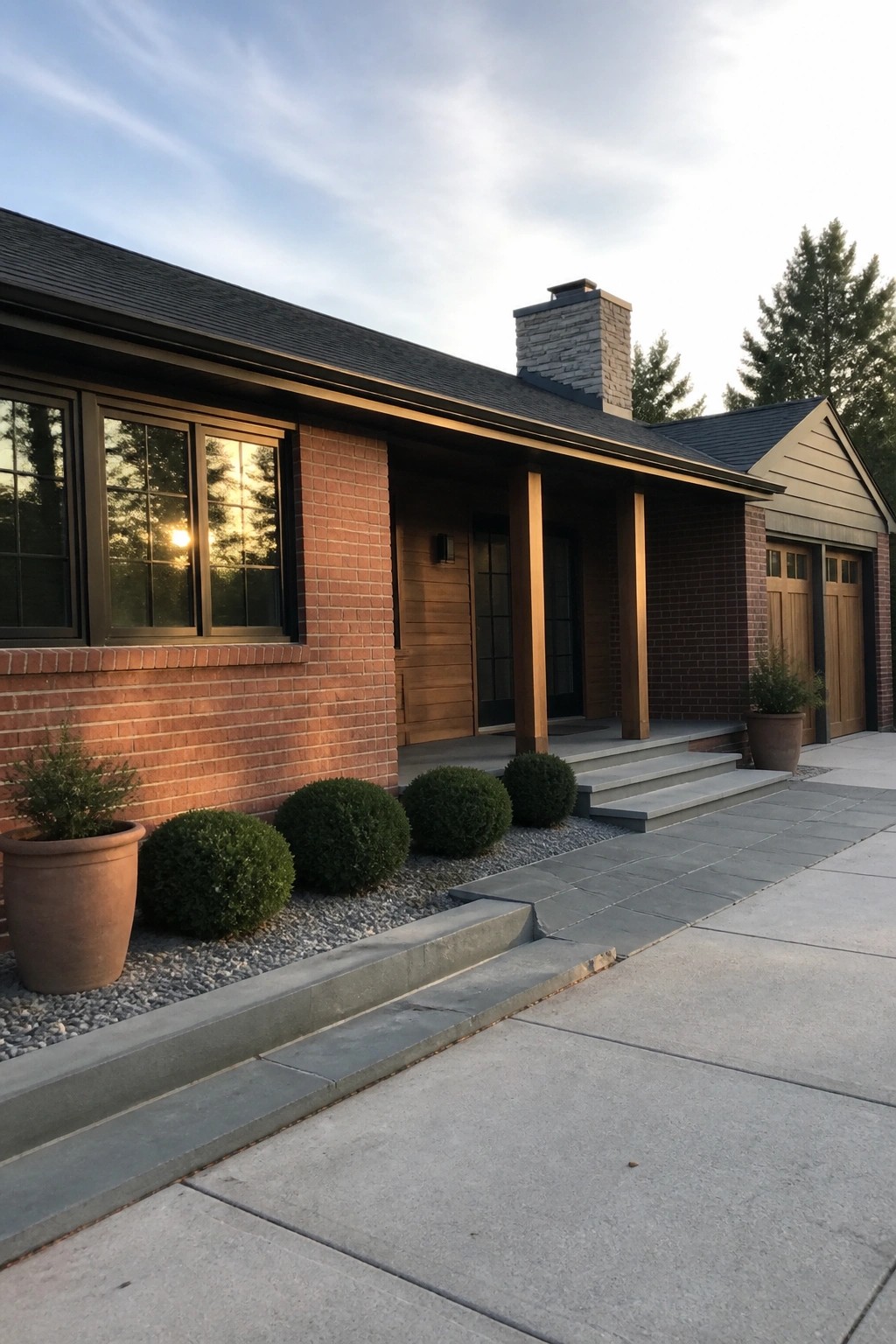 Modern brick house with covered porch, wooden doors, stone chimney, and landscaped driveway at sunset.