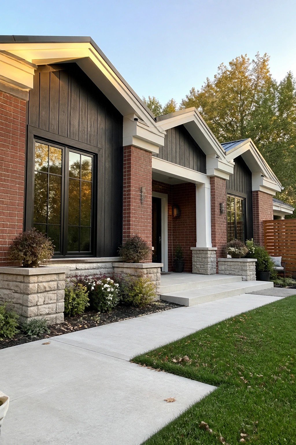 Modern brick home with dark wood siding, gabled roofs, stone porch, and green lawn.