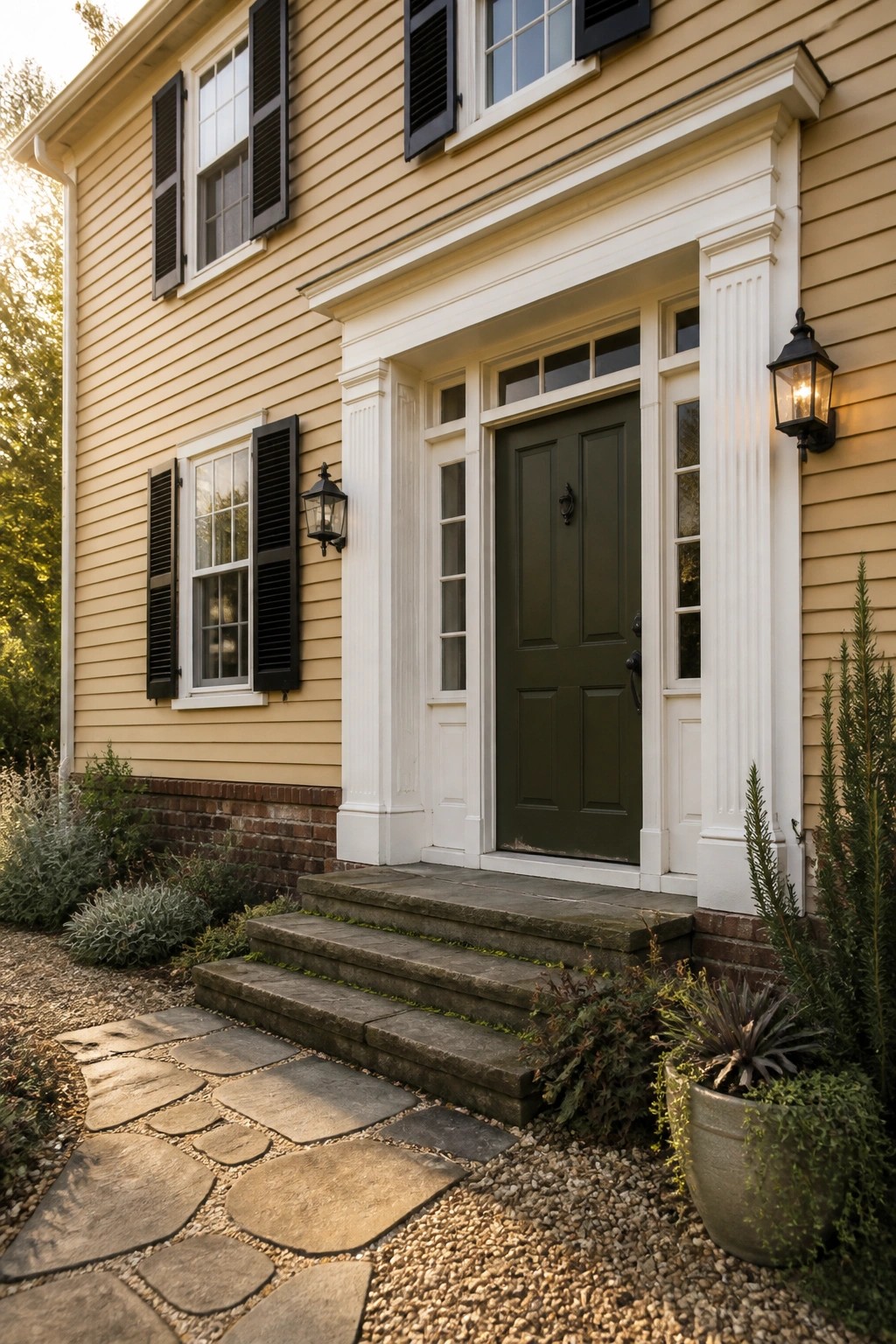 A colonial house exterior featuring a deep green front door set against yellow siding and a red brick foundation.
