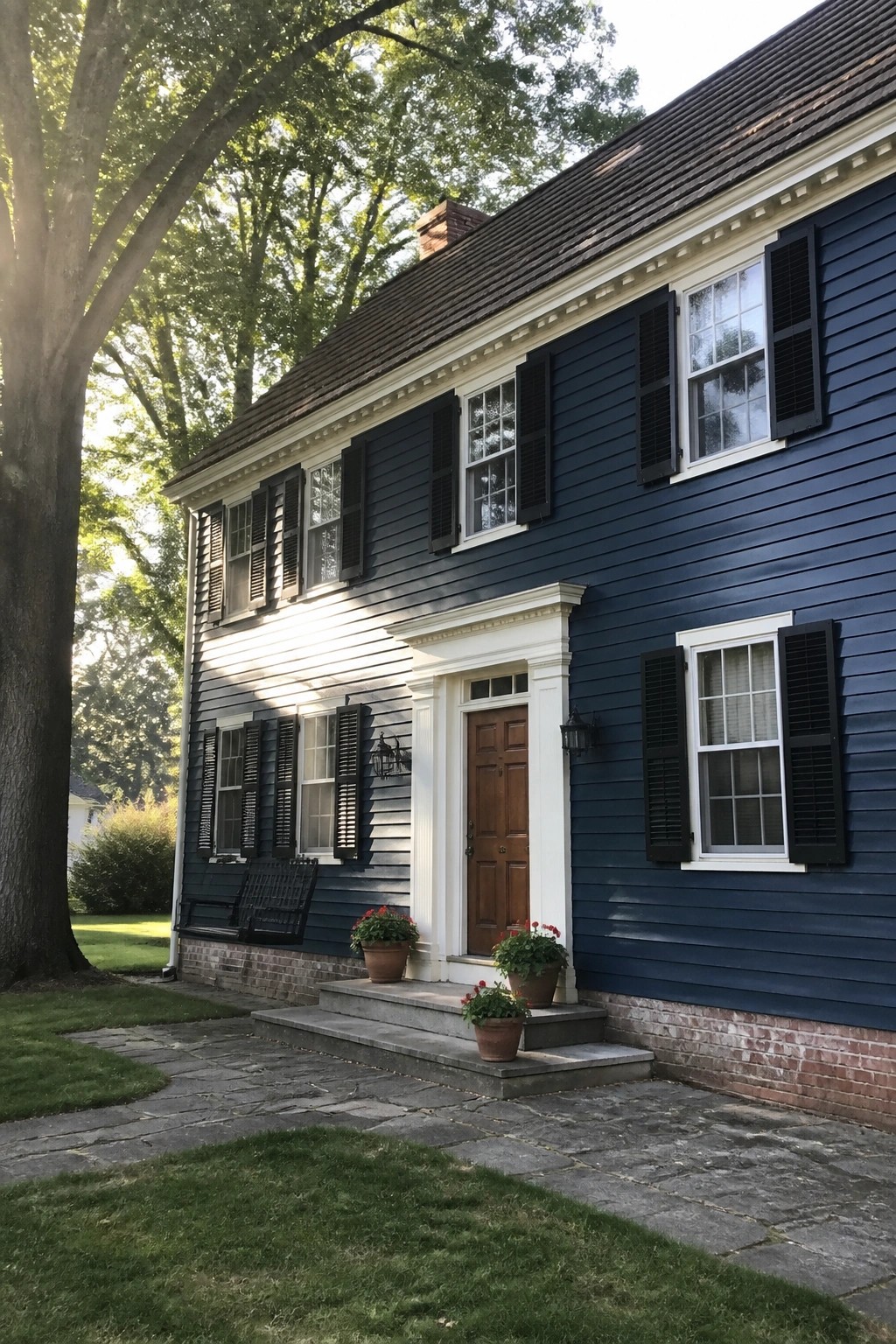 Dark navy blue siding on a colonial house with red brick foundation and white trim.