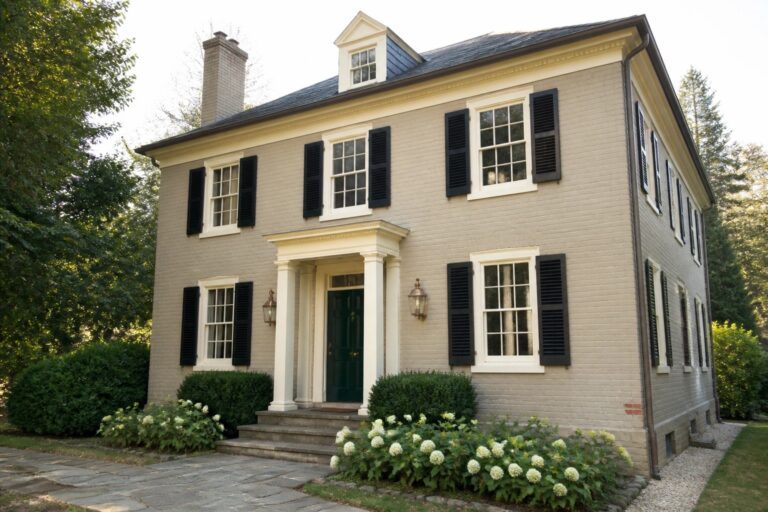 Colonial house exterior in a warm cream paint color with white trim and columns.