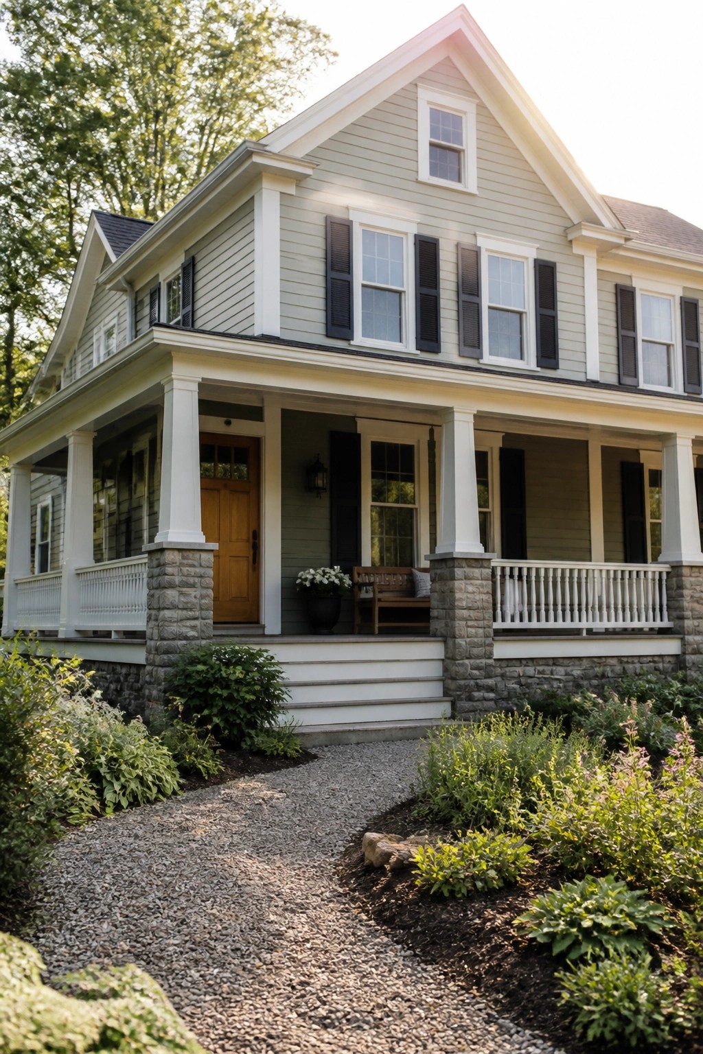 Two-story gray house with white porch, black shutters, stone pillars, and gravel path