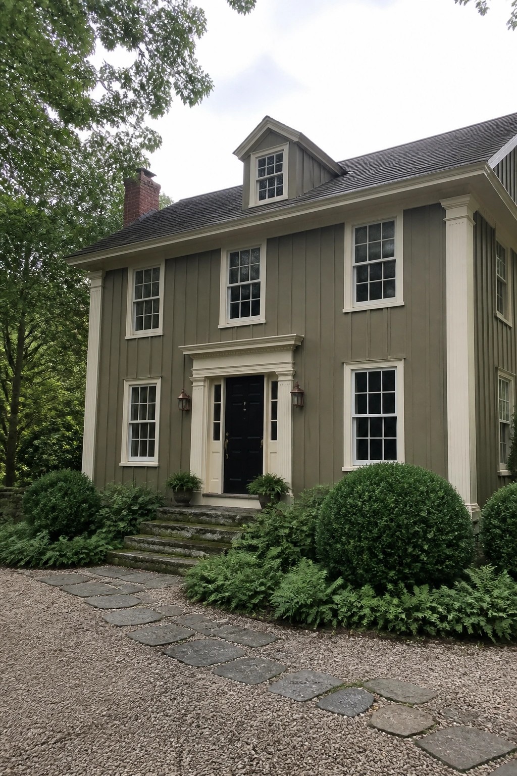Colonial house with muted olive green siding and white trim.