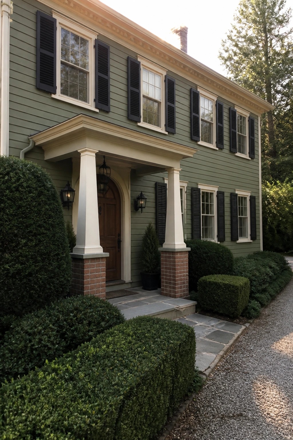 Colonial house exterior with muted sage green siding and red brick porch columns.