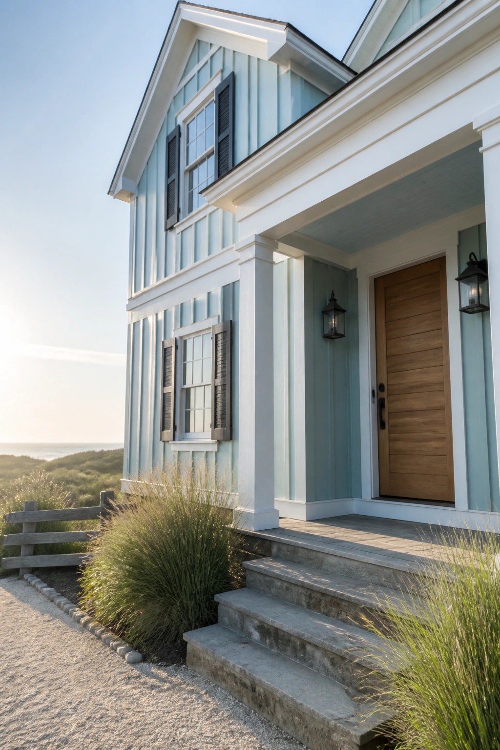 Light blue coastal house with white trim, wooden door, stone steps, and ocean view.