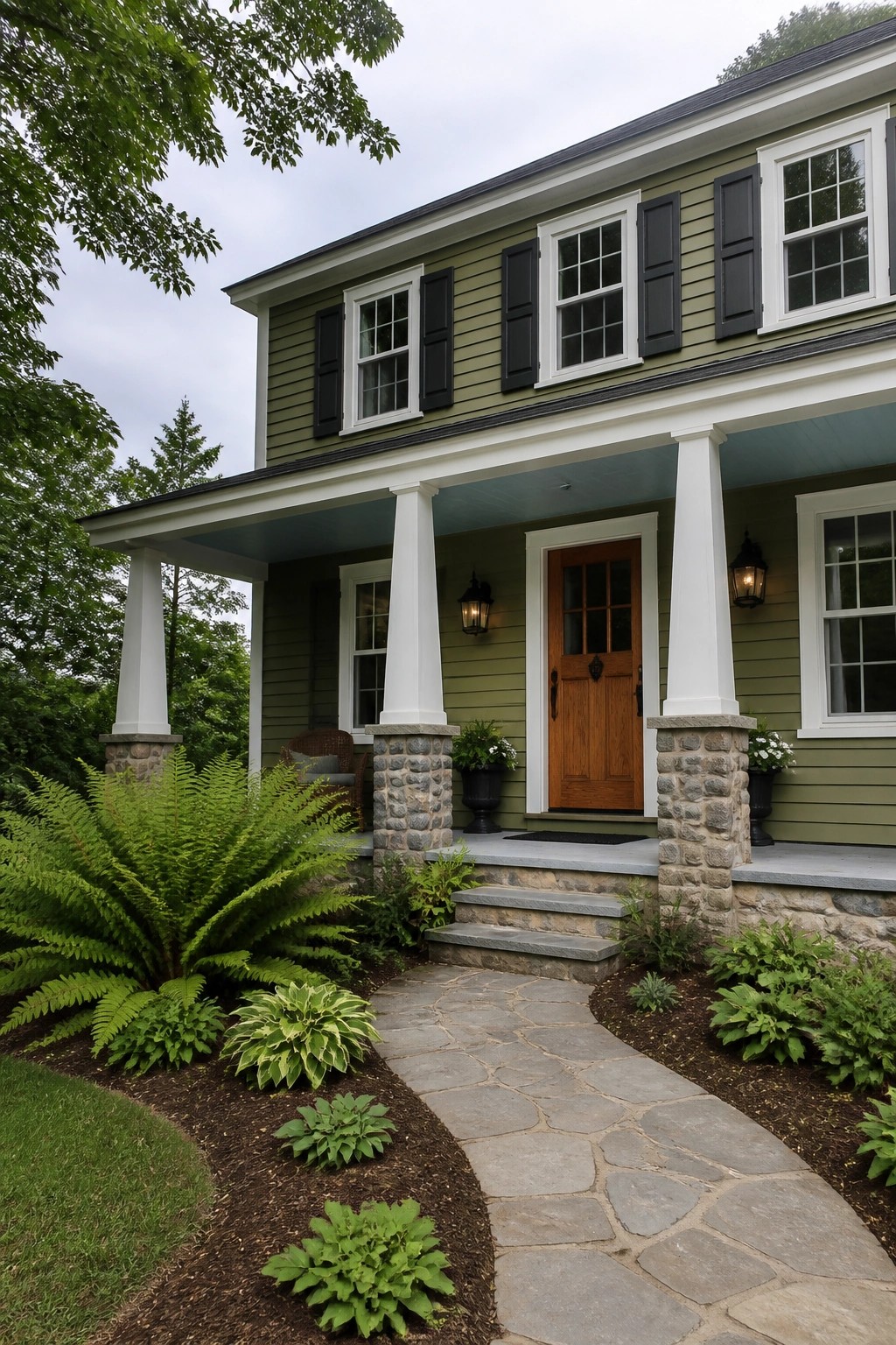 Colonial house with muted sage green siding, white trim, and stone porch columns.