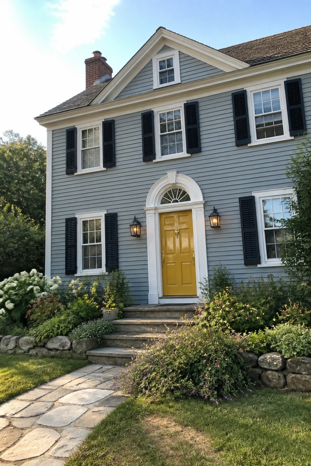 Gray colonial house with yellow door, black shutters, stone steps and garden