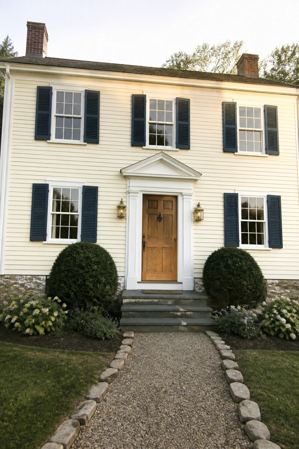 White two-story house with dark blue shutters, wooden door, and gravel path