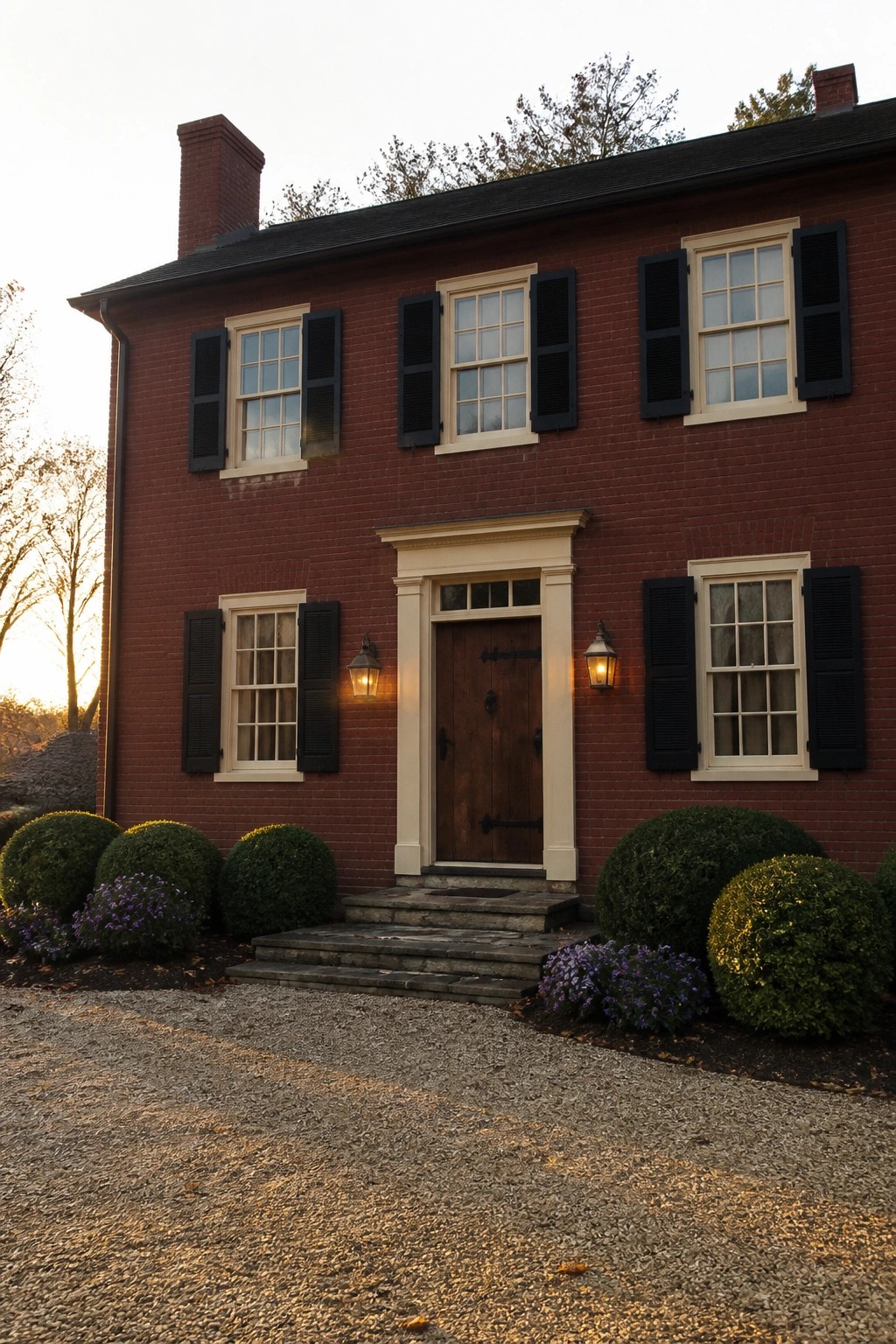 Red brick colonial house exterior with cream trim and black shutters.