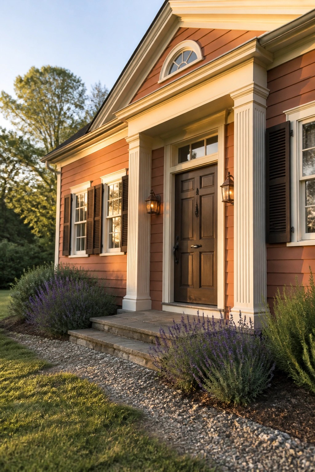 Colonial house exterior with warm terracotta siding and white trim around the entrance.