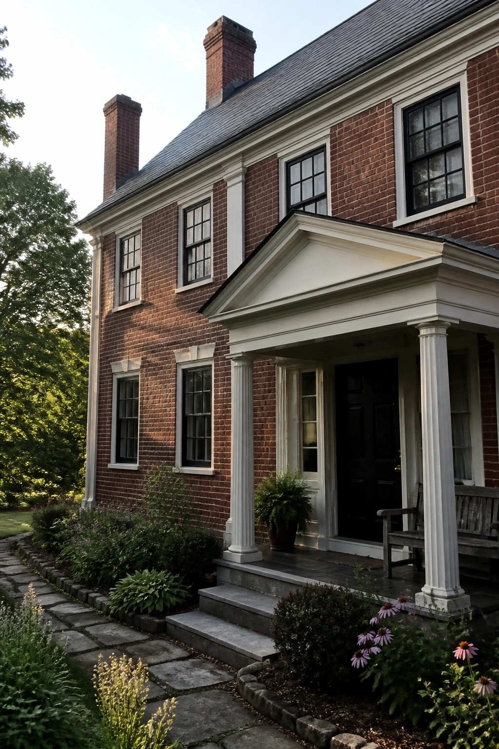 Red brick colonial house with white columns, black door, and flower garden