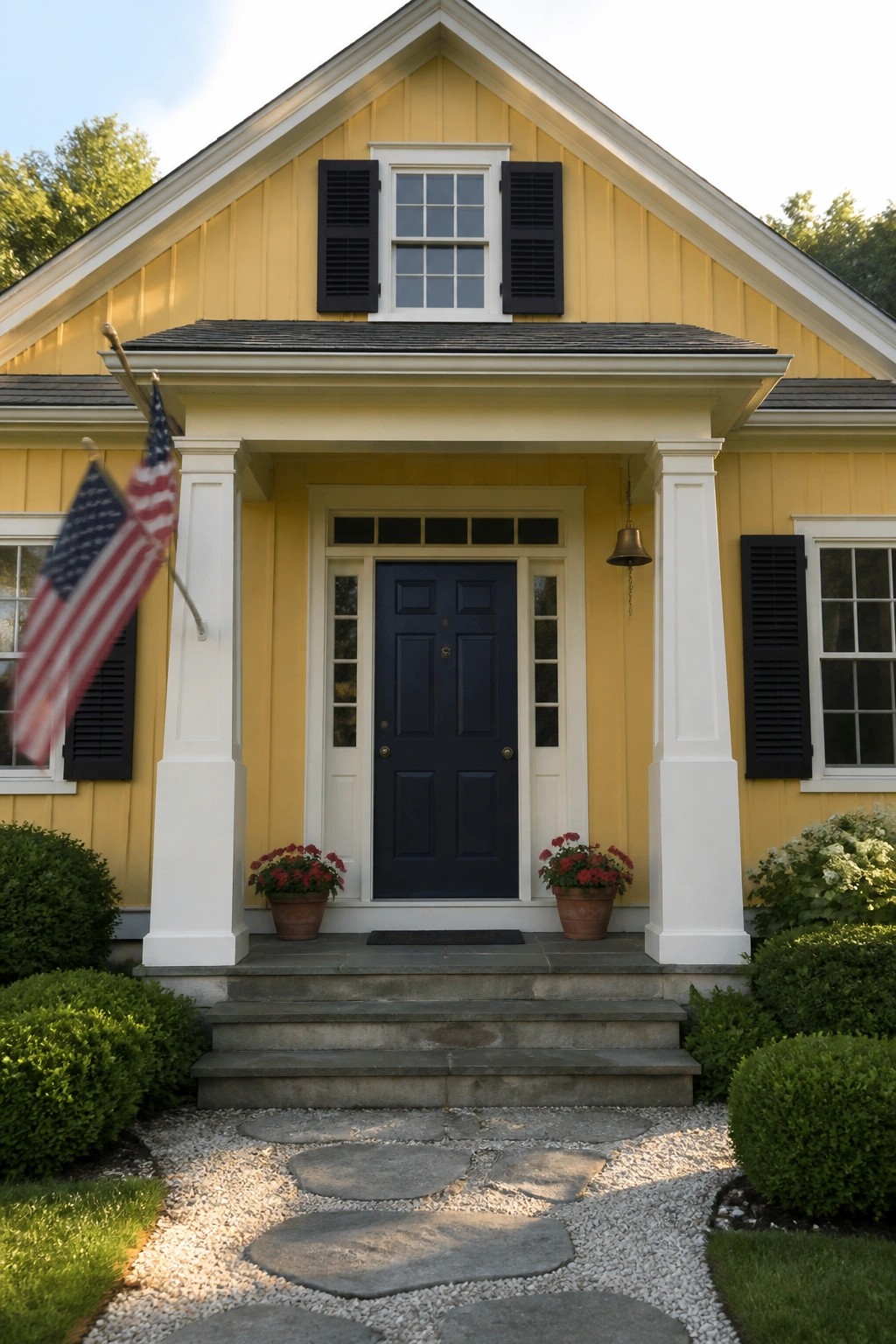Yellow house with navy door, white columns, American flag, and potted flowers