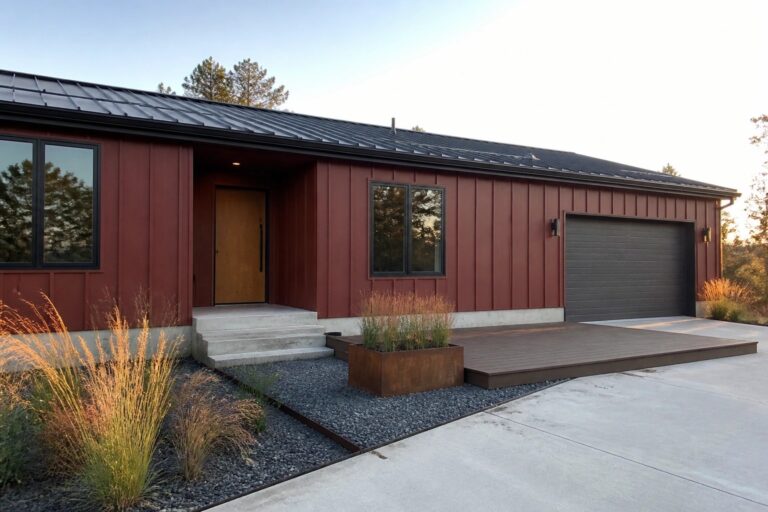 21 Sleek Red Siding Exteriors Designed for Low-Maintenance Modern Homes Modern red house with dark metal roof, black garage door, and concrete steps