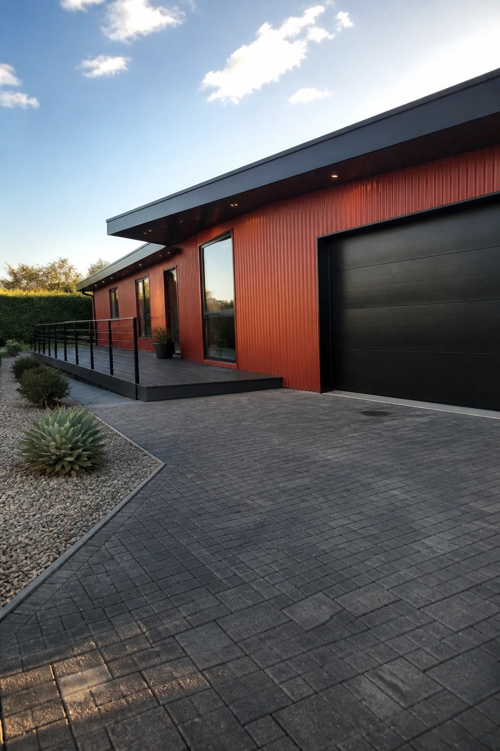 A modern house with red corrugated siding, a black garage door, and a dark wooden deck with black railings beside a paved driveway.