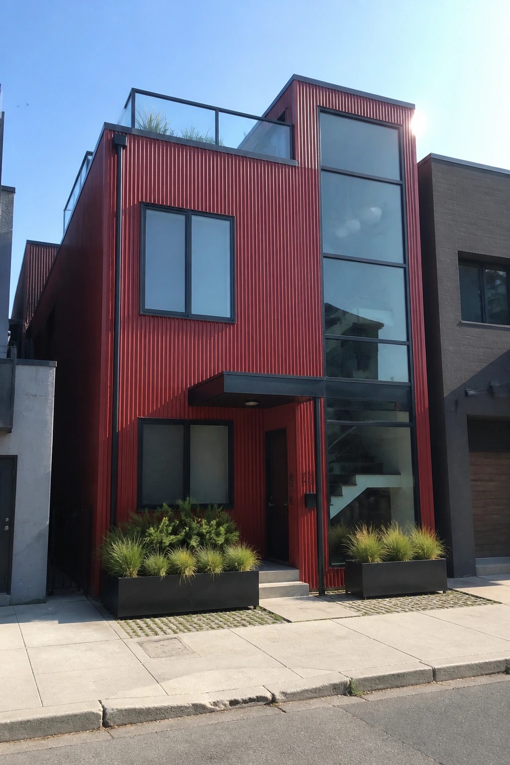A two-story modern house with vertical red corrugated metal siding, large black-framed windows, a dark entry canopy, and a glass-railed rooftop deck.