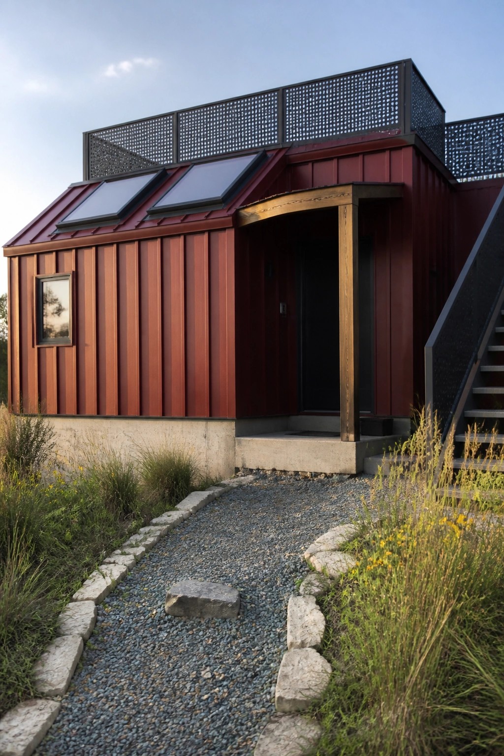 A modern house exterior with vertical red corrugated metal siding, skylights on the roof, a concrete entry step, and a gravel path bordered by stones leading to the door.